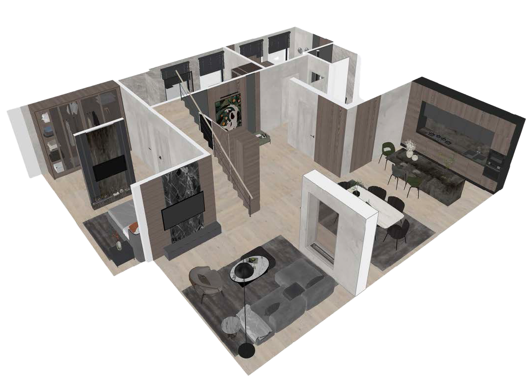 Fotorealistische 3D-Visualisierung eines hellen Wohnraums, erstellt vom Interior Design Studio Home Visions.